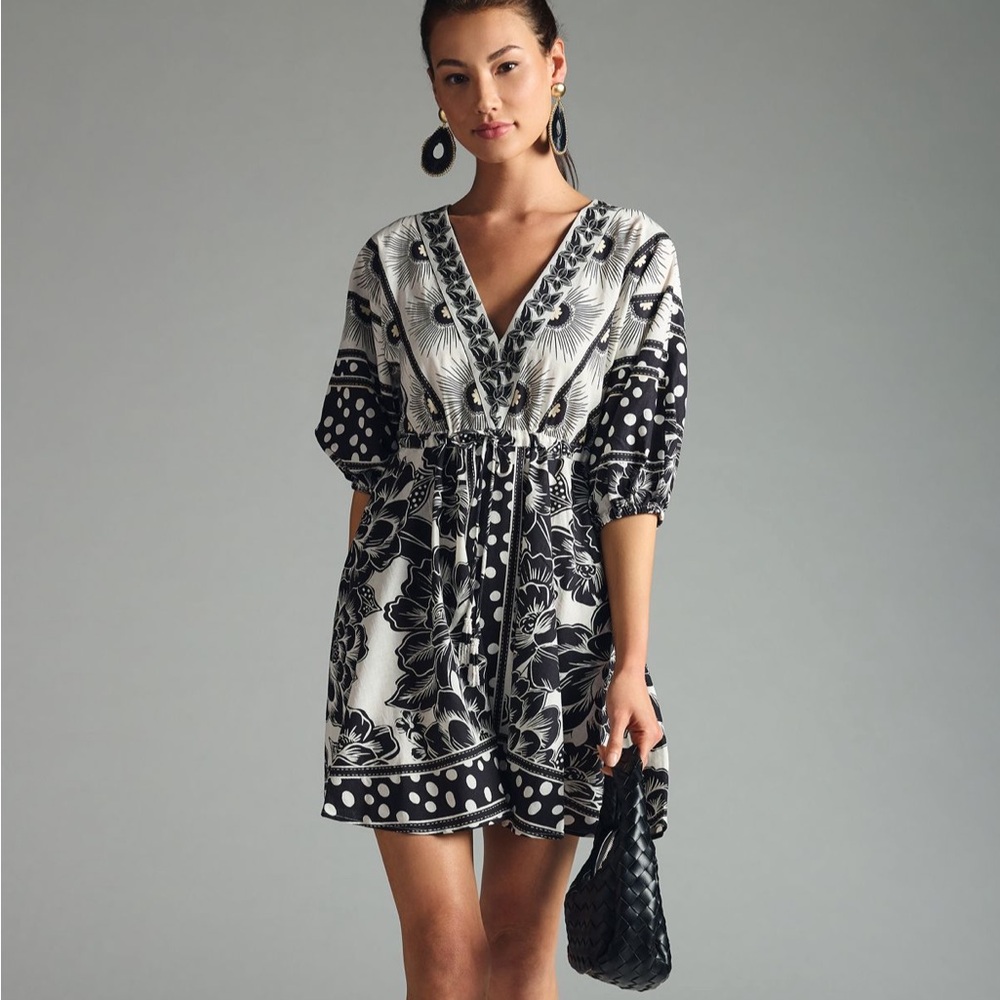 FARM Rio Black and White Floral & Polka Dot Mini Dress